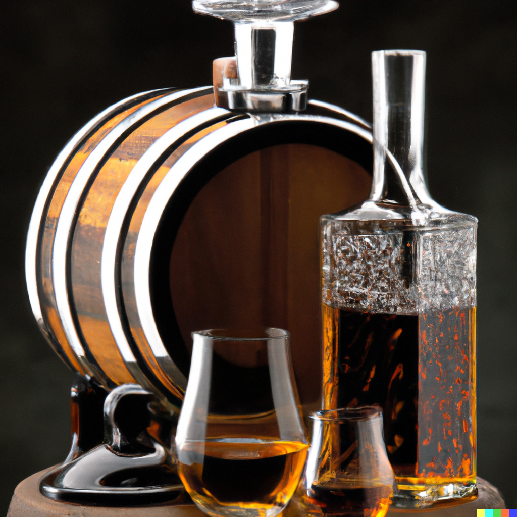 Double Oaked Bourbon Whiskey sitting in a decanter next to a bourbon barrel.