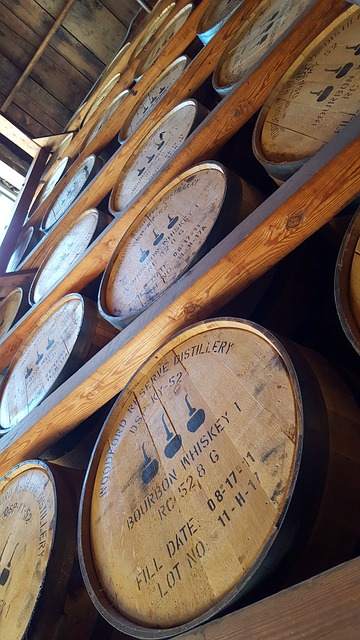 A rickhouse full of bourbon barrels