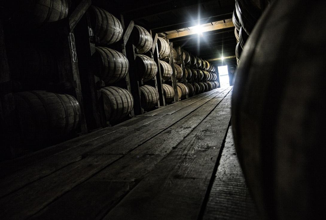 A rickhouse full of bourbon barrels